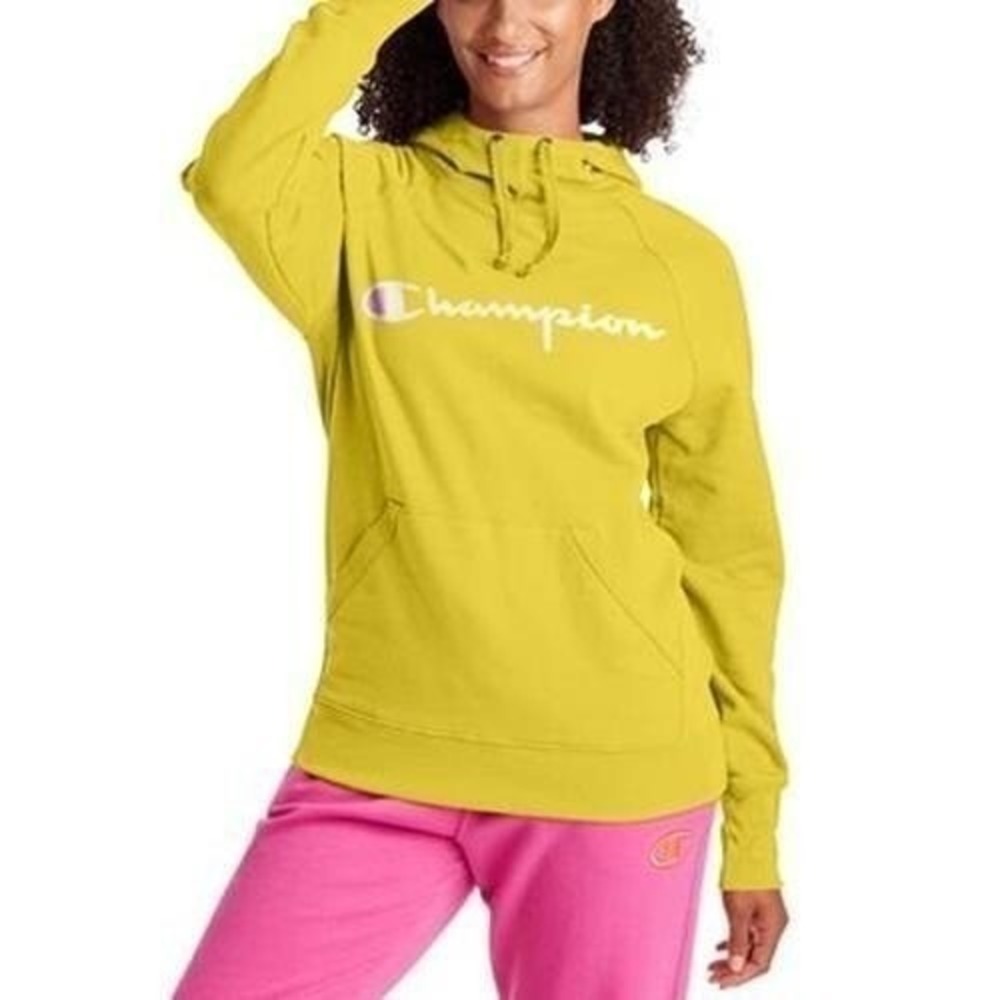 NEW Champion Powerblend Fleece Script Logo Hoodie Women's Butterscotch 27146